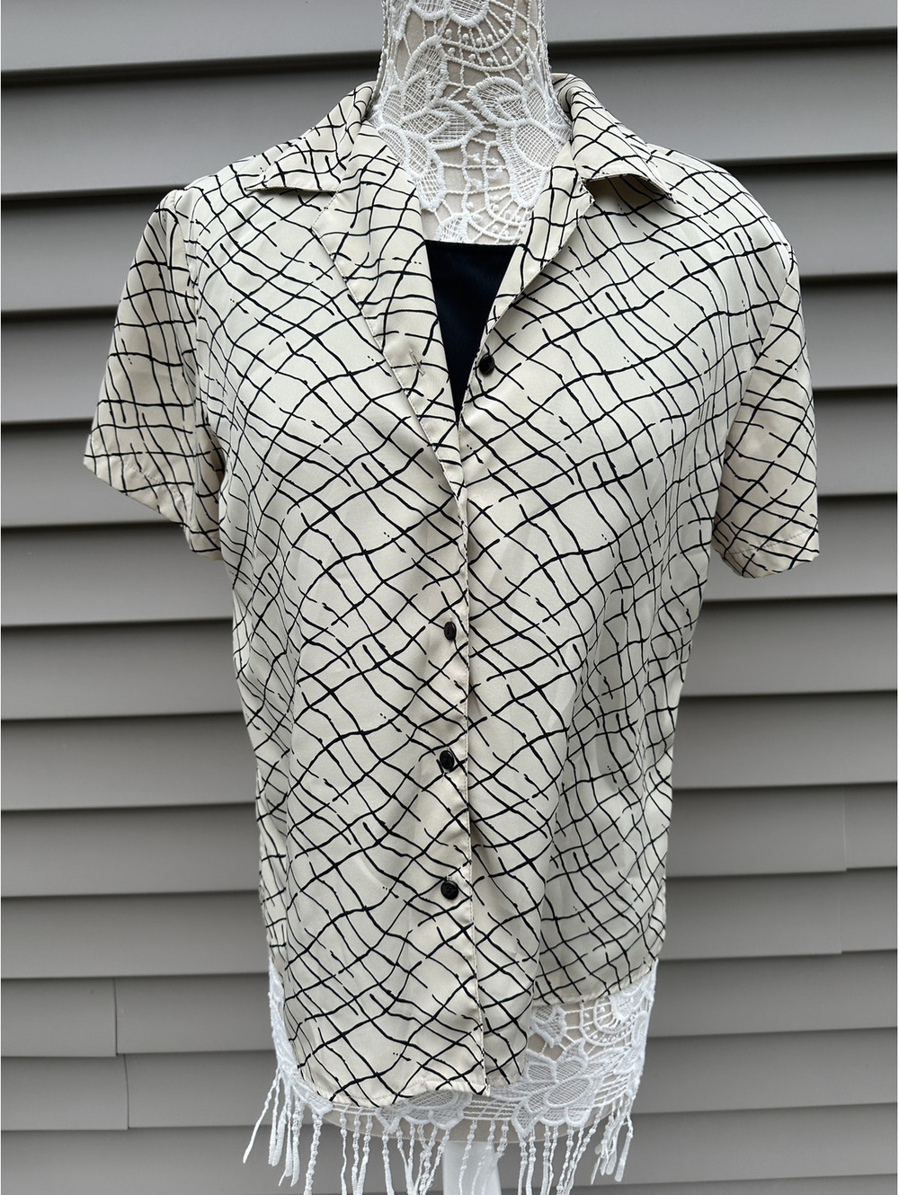 Notations Clothing Co. Vintage Inspired Beige and Black Abstract Grid Button Up